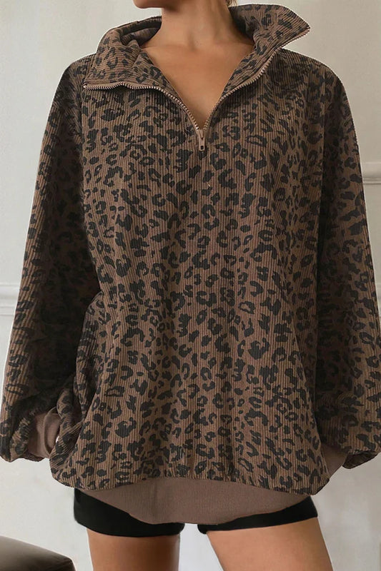 Leopard Corduroy Half Zip Pullover